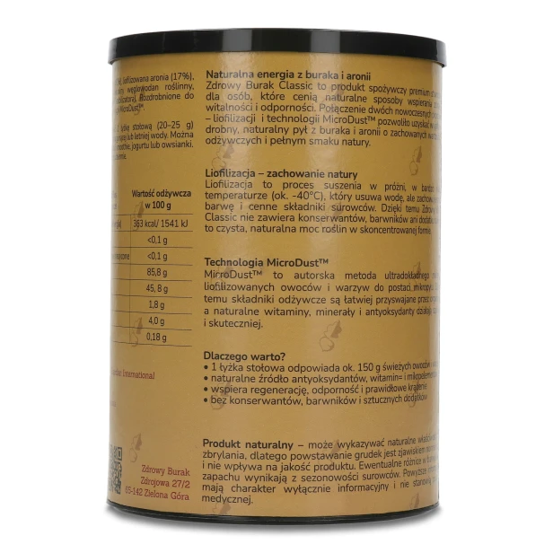 Tył tuby Zdrowy Burak Classic 500 g z etykietą produktu